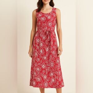 Nina Leonard Red Sleeveless Midi Dress with an Embroidered White Floral Pattern